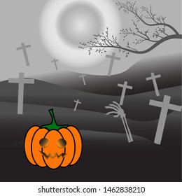 pumpkin in tomb with hand bone and moon light background .vector illustration