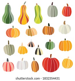 Pumpkin trendy vector illustration. Doodle drawing various shapes and colors pumpkins. Thanksgiving and Halloween Elements.