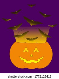 Pumpkin trick or treat bucket with bats and candle. Dark jack o lantern illustration.