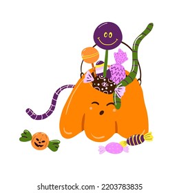 Pumpkin trick or treat bucket full of sweets and lollipops. Cute character basket with candies for Halloween celebration. Colored flat vector illustration isolated on white background