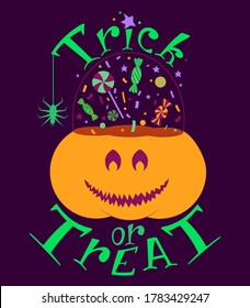 Pumpkin trick or treat bucket sticker. Jack o lantern pot for sweets, candies. Hand drawn graphic element for print design. 