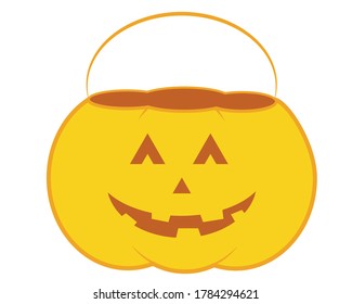 Pumpkin trick or treat bucket sticker. Jack o lantern pot for sweets, candies. Hand drawn graphic element for print design. 