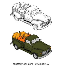 Pumpkin truck. Color and black and white. Vector cartoon illustration. Isolated on a white background. Hand-drawn style.