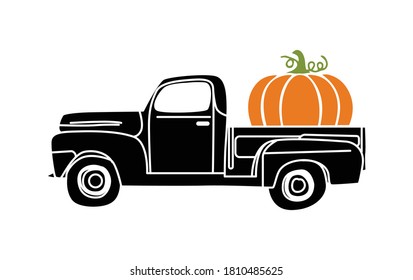 Pumpkin Truck vector, Fall Vintage Truck with Pumpkin Illustration on White Background