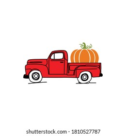 Pumpkin Truck vector, Fall Vintage Truck with Pumpkin Illustration