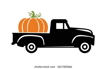 Pumpkin Truck vector, Fall Vintage Truck with Pumpkin Illustration on White Background