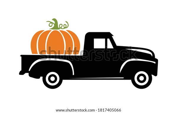 Pumpkin Truck vector, Fall Vintage Truck with\
Pumpkin Illustration on White\
Background