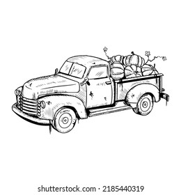 Pumpkin truck. Vector illustration isolated on a white background. Hand-drawn style.