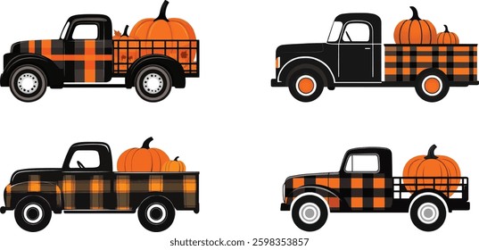 Pumpkin Truck Vector Set. Autumn Harvest Plaid Truck with Pumpkins.