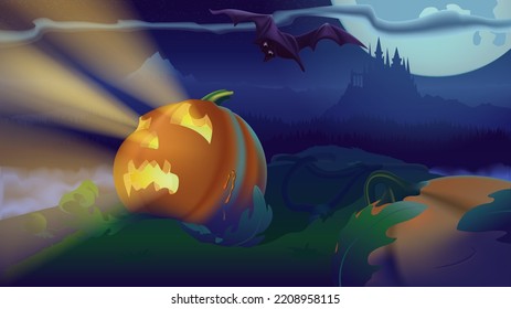 A pumpkin turns into a Jack-o'-lantern after a bat bite. A view from the hill of the woods, mountains, and castle in the distance illuminated by the moon.