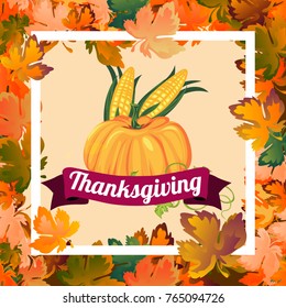 pumpkin with two corn cobs in green leaves, autumn food background vector illustration, vegetable harvesting, thanksgiving day products