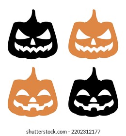 Pumpkin Two faces Set icons. Black and orange pumpkins silhouette. Helloween autumn holiday. Colorful vector illustration isolated on white background.
