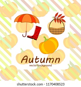 pumpkin umbrella rubber boots fallen leaf basket autumnal vector background