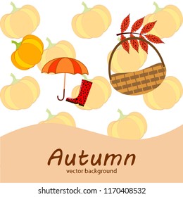 pumpkin umbrella rubber boots fallen leaf basket autumnal vector background