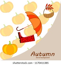 pumpkin umbrella rubber boots fallen leaf basket autumnal vector background