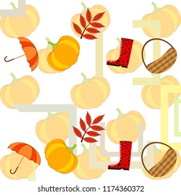 pumpkin umbrella rubber boots fallen leaf basket autumnal vector background