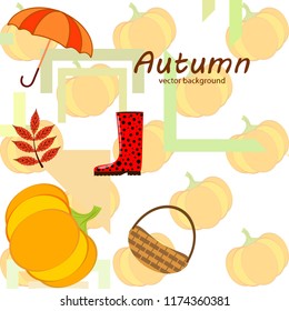 pumpkin umbrella rubber boots fallen leaf basket autumnal vector background