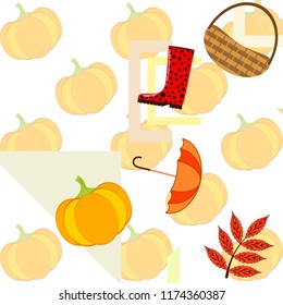 pumpkin umbrella rubber boots fallen leaf basket autumnal vector background