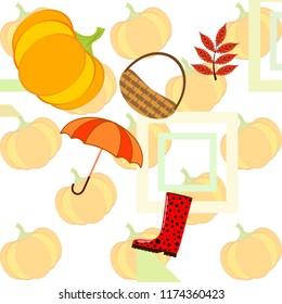 pumpkin umbrella rubber boots fallen leaf basket autumnal vector background