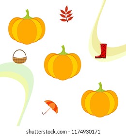 pumpkin umbrella rubber boots fallen leaf basket autumnal vector background