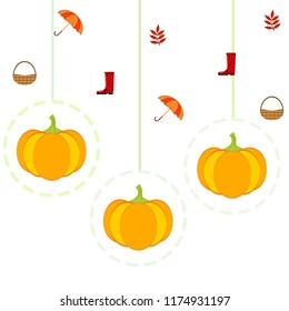 pumpkin umbrella rubber boots fallen leaf basket autumnal vector background