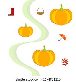 pumpkin umbrella rubber boots fallen leaf basket autumnal vector background