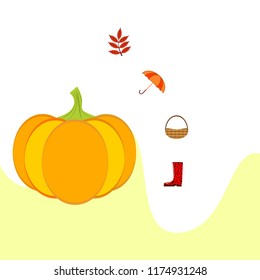 pumpkin umbrella rubber boots fallen leaf basket autumnal vector background