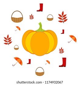 pumpkin umbrella rubber boots fallen leaf basket autumnal vector background