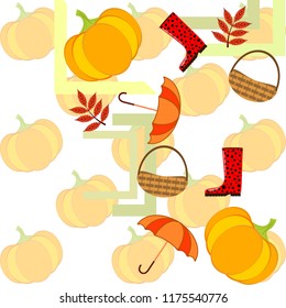 pumpkin umbrella rubber boots fallen leaf basket autumnal vector background