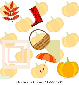 pumpkin umbrella rubber boots fallen leaf basket autumnal vector background