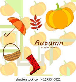 pumpkin umbrella rubber boots fallen leaf basket autumnal vector background