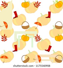 pumpkin umbrella rubber boots fallen leaf basket autumnal vector background