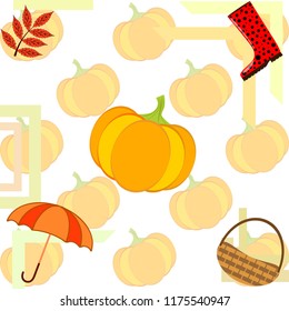 pumpkin umbrella rubber boots fallen leaf basket autumnal vector background