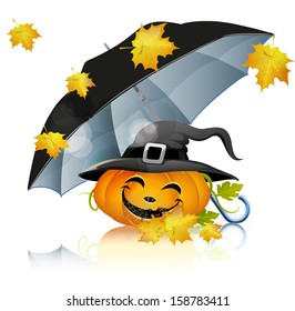  Pumpkin under black umbrella, falling leaves, Halloween