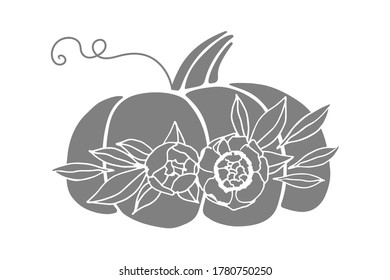Pumpkin vector drawing  Vegetable decorated and bouquet flowers  Pumpkin flower arrangement  Autumn  fall concept  Isolated vector objects  Floral composition  Cutting template  Silhouette Design