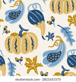 pumpkin vector fabric pattern silhouettes flat design and line art Blue yellow tones , Scandinavian
