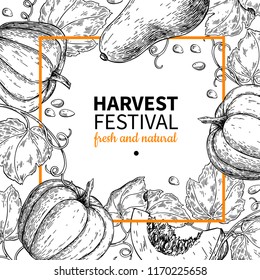 Pumpkin vector frame. Hand drawn vintage Harvest festival  illustration. Farm Market sketch poster. Vegetable set of organic products. Detailed food drawing. Great for menu, banner, label, logo, flyer