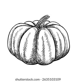 Pumpkin. Vector graphics depicting the autumn season. Black and white hand-drawn illustration. On a white background. Great for stickers, banners, posters and packaging, postcards, labels and prints.