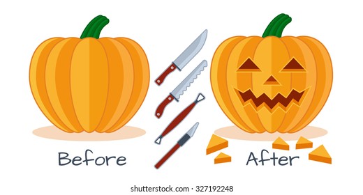 Pumpkin vector halloween icon, sculpture tools, scheme before and after,