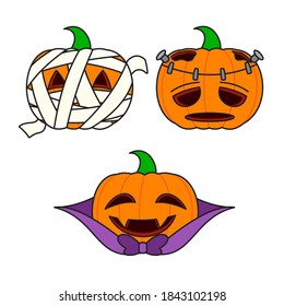 vector de calabaza para halloween en el estilo momia, dracula y zombi