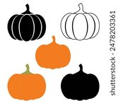 Pumpkin vector icon illustrations. Pumpkins silhouette on white background. Halloween set element. Vector illustration for Autumn harvest, Harvest Festival or Thanksgiving Day. Environmentally friend.
