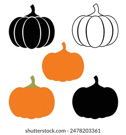 Pumpkin vector icon illustrations. Pumpkins silhouette on white background. Halloween set element. Vector illustration for Autumn harvest, Harvest Festival or Thanksgiving Day. Environmentally friend.