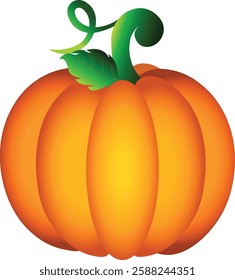 Pumpkin vector icon isolated on white background. Autumn Halloween or Thanksgiving pumpkin symbol. Flat design with green leafs. Cartoon colorful vegetable illustration.