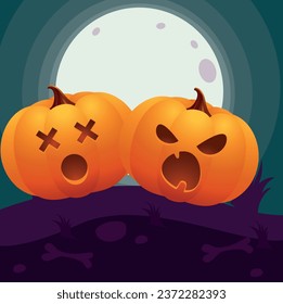 pumpkin vector icons with full moon night background