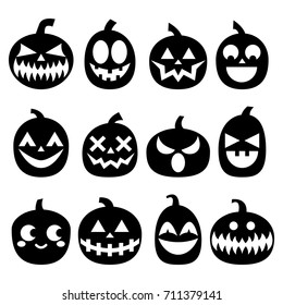 Pumpkin vector icons set, Halloween scary faces design set, horror decoration in black on white background. Pumpkin with scary faces icons collection, Halloween celebrations