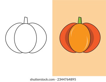ilustración vectorial de calabaza en color y versión en blanco y negro, y versión en color, diseño gráfico para libros de color u otros usos de diseño.
