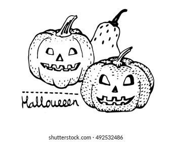 Pumpkin. Vector illustration of cute greeting card for Halloween. Logo for party. Hand drawn