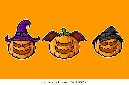 Pumpkin vector illustration design set on orange background. Happy Halloween holiday symbol. Orange pumpkins in various styles are great for your design during the Halloween holidays