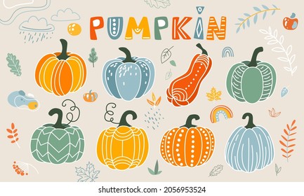 Pumpkin vector illustration in flat naive simple modern style. Autumn decorative gourd, leaves, rainbow, clouds for thanksgiving, halloween, harvest design isolated on white background.