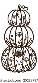 Ilustración vectorial de calabaza con flores. Silueta, contorno de calabazas florales. 
